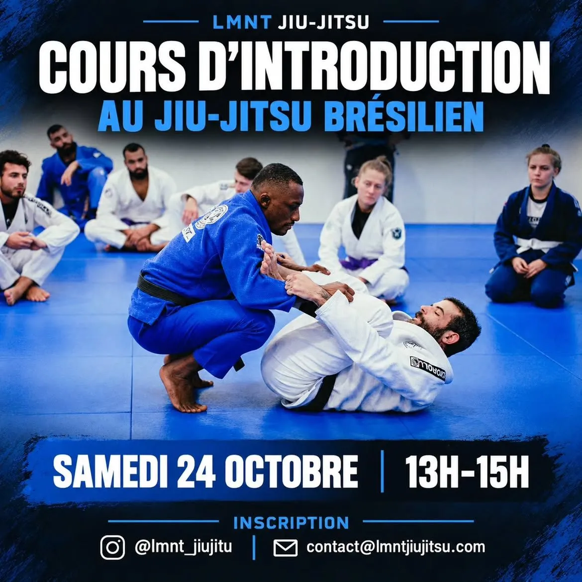 Affiche du cours d'introduction au jiu-jitsu brésilien, samedi 24 octobre de 13h à 15h : un professeur en kimono bleu montre une technique à des élèves assis autour du tatami.