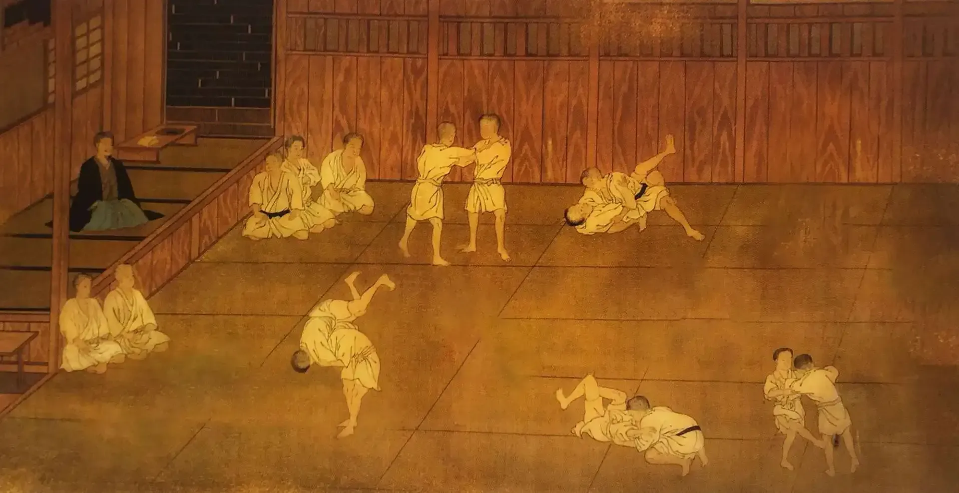 Peinture du dojo Kodokan de Fujimi-cho par Hishida Shunso : des judokas en kimono s'entraînent sur les tatamis.