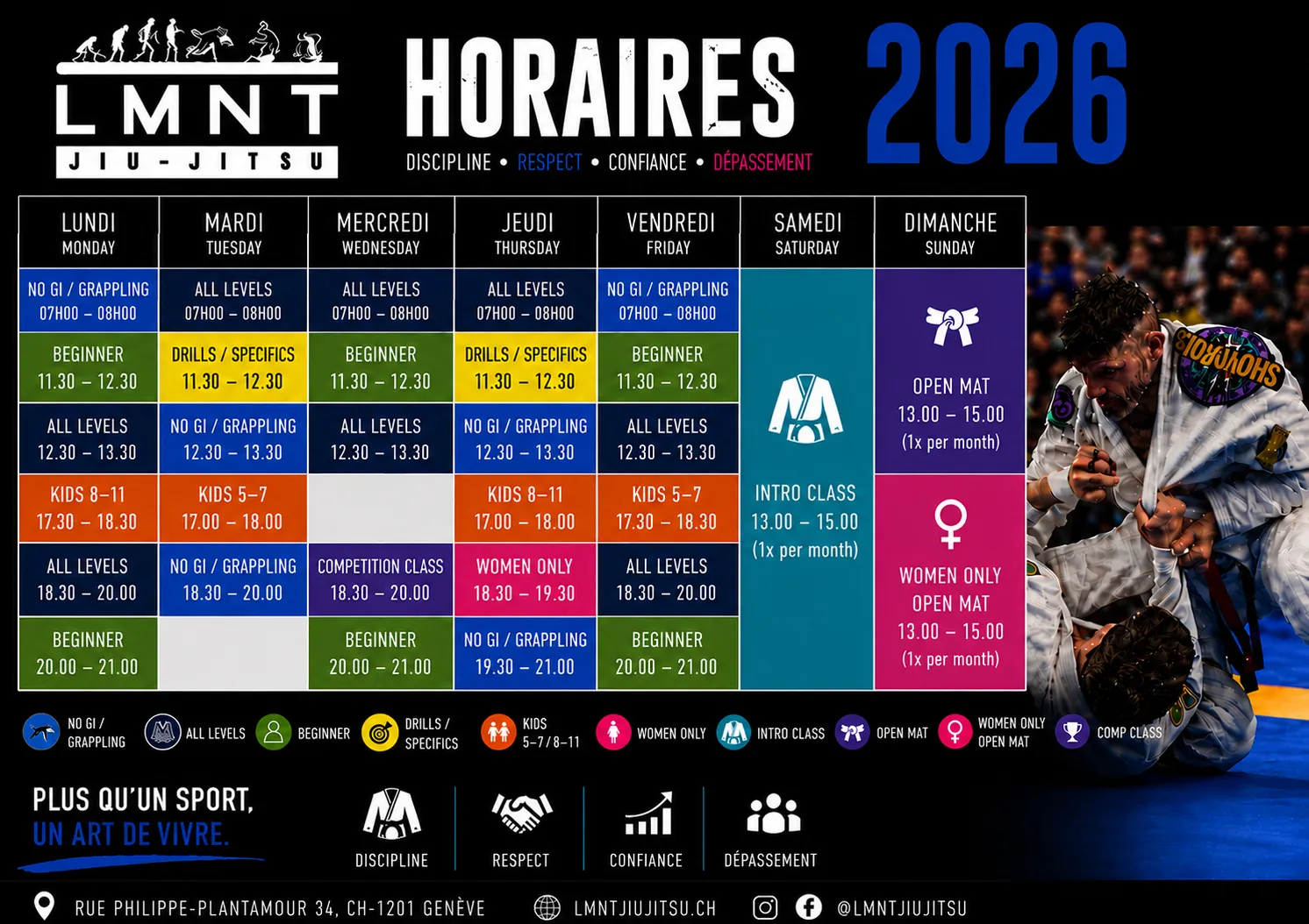 Affiche « Horaires 2026 » de LMNT Jiu-Jitsu avec le planning de la semaine.